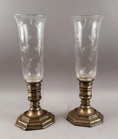 TWO ETCHED GLASS HURRICANE LAMPS Heights 15".