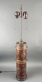 UNUSUAL CHINESE WOOD TABLE LAMP Late 19th Century Base height 16.5". Total height 32".