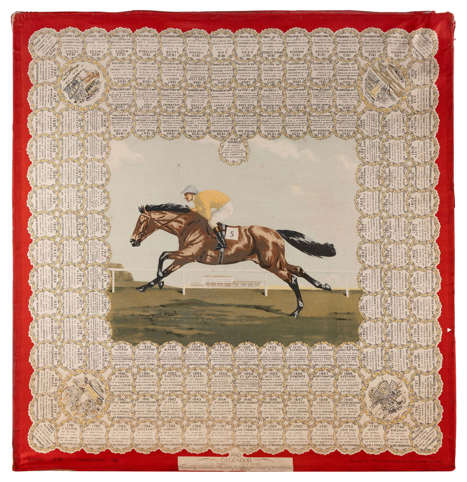 WELCH, MARGETSON & CO., LTD. SILK EPSOM DERBY SCARF London 36" x 34". Backed on board.: WELCH, MARGETSON & CO., LTD. SILK EPSOM DERBY SCARFLondonDepicts Galcador, the winning horse from the 1950 Derby, surrounded by medallions listing winners of the Derby from its commencement in 1780. R