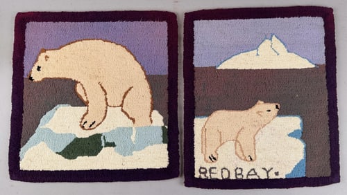 PAIR OF GRENFELL-TYPE PICTORIAL HOOKED MATS Mid-20th Century 13" x 13" and 12.5" x 14".