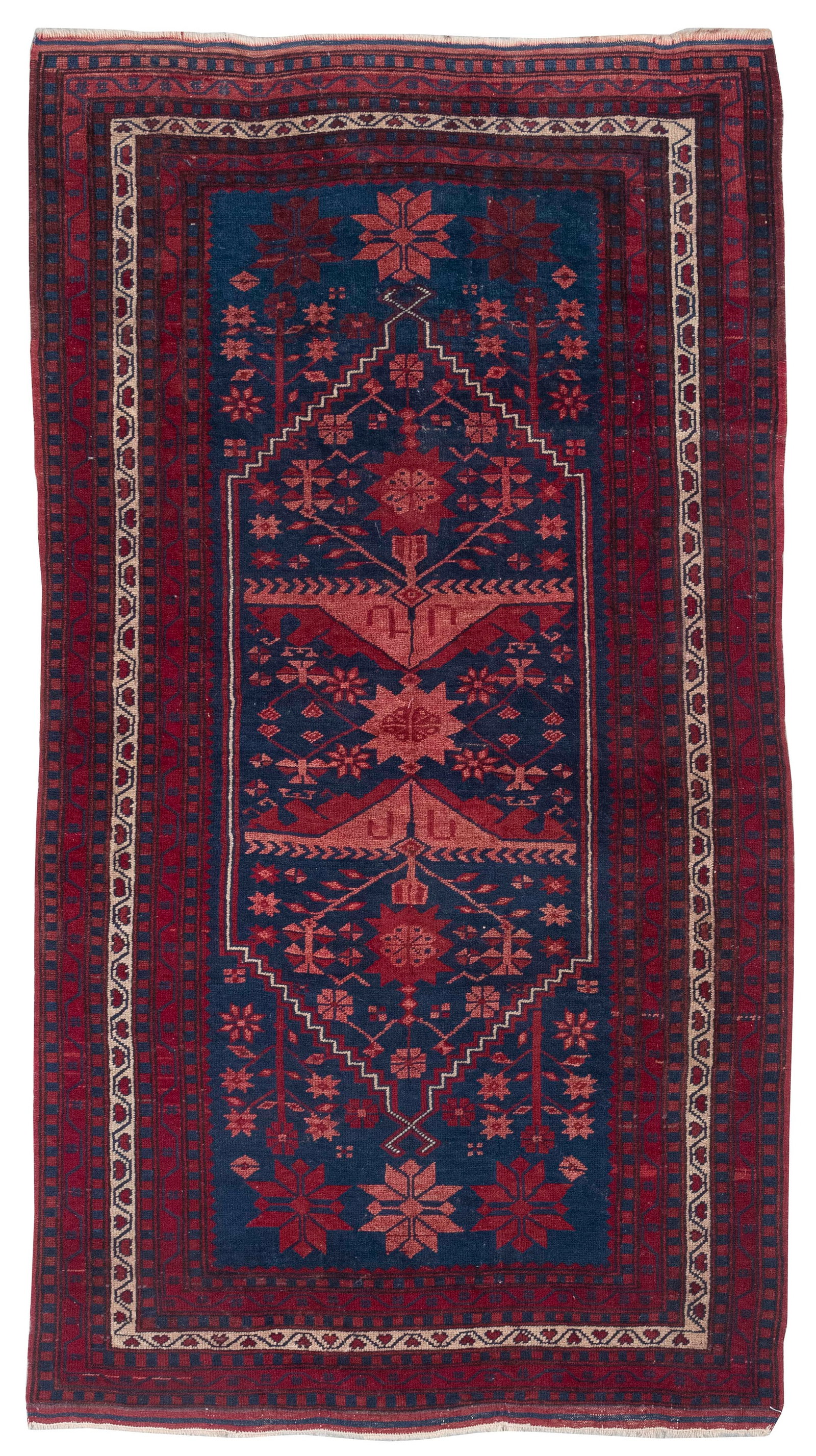 AFGHAN RUG: 3'8" X 6'10" Second Half of the 20th Century: AFGHAN RUG: 3'8" X 6'10" Second Half of the 20th Century Dark blue field with stylized branches and blossoms in two shades of red surrounding a central medallion outlined in ivory. Multiple narrow dar