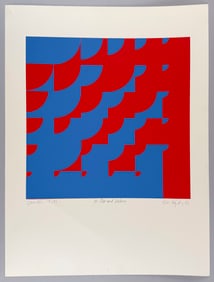 ABSTRACT PRINT IN RED AND BLUE Late 20th Century Sheet 29.5" x 22". Unframed.