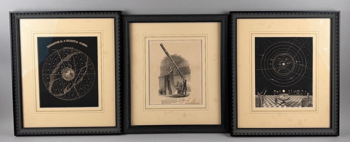 THREE WOODCUTS PERTAINING TO ASTRONOMY 1848-1866 Approx. 10" x 8" sight. Framed 17.25" x 15".