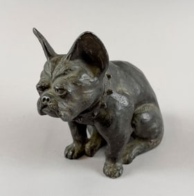 CAST WHITE METAL SCULPTURE OF A SEATED FRENCH BULLDOG Early 20th Century Height 6.5".