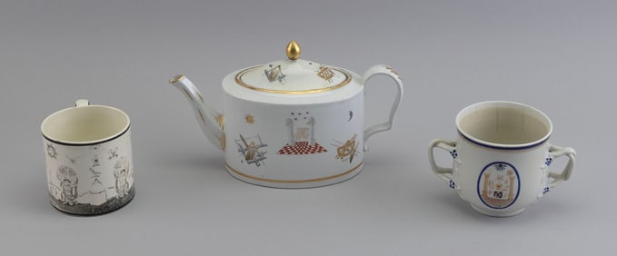 THREE CERAMIC TABLEWARES WITH MASONIC DECORATION Late 18th to Mid-19th Century Heights to 6".