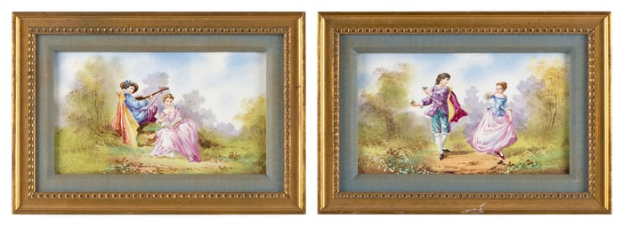 PAIR OF PAINTED PORCELAIN PLAQUES Late 19th/Early 20th Century Framed 9" x 13".