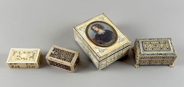 FOUR CARVED AND ENGRAVED BOXES 19th and 20th Century