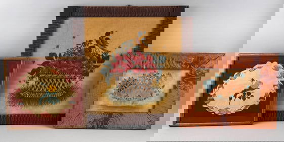 THREE FOLK ART PAINTINGS 20th Century Framed from 12" x 13" to 20" x 20".