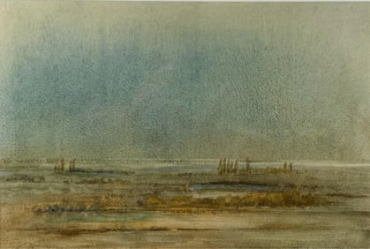 INGE BARKEMEYER (Contemporary,), Misty landscape., Watercolor, 13.5" x 20.25" sight. Framed 22.5" x