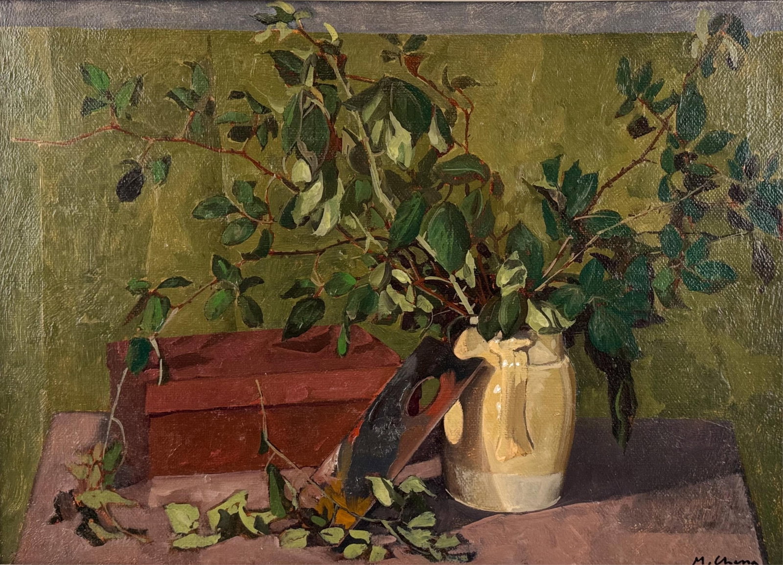 AMERICAN SCHOOL (20th Century,), Still life of branches in a pitcher., Oil on canvas, 20" x 28".: AMERICAN SCHOOL 20th Century Still life of branches in a pitcher. Signed lower right. Oil on canvas, 20" x 28". Framed 24" x 32".