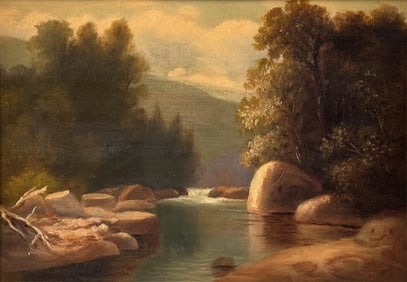 AMERICAN SCHOOL (Early 20th Century,), Mountain river landscape., Oil on canvas, 10" x 14". Framed