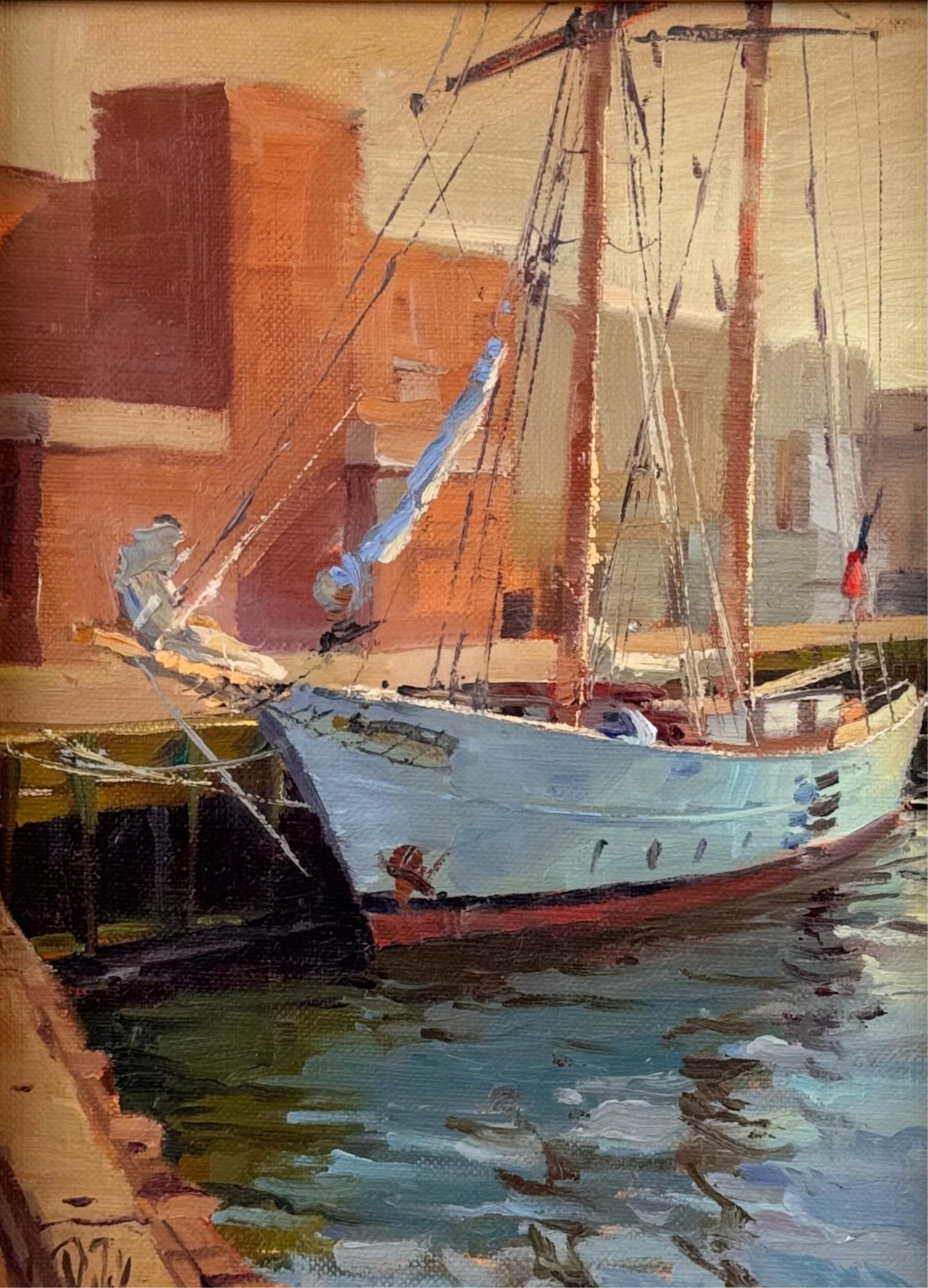 DOM DEDELISE (Massachusetts, Contemporary), "Westward Sun"., Oil on board, 12" x 9". Framed 17" x: DOM DEDELISE Massachusetts, Contemporary "Westward Sun". Signed lower left. Titled verso. Oil on board, 12" x 9". Framed 17" x 14".