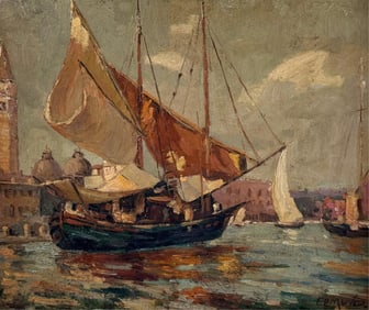 ITALIAN SCHOOL (20th Century,), Harbor scene., Oil on canvas, 20" x 24". Framed 31" x 35".