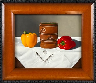 ROBERT K. ROARK (Massachusetts/New York, 1944-), "Peppers with Cup"., Oil on panel, 8" x 10". Framed