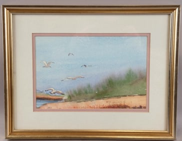 BETTI WILLIAMS (Massachusetts/Florida, 1928-2014), Beach scene with gulls., Watercolor on paper, 7"