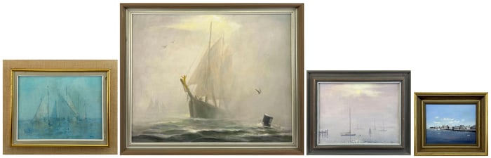 FOUR MARINE OIL PAINTINGS 20th Century Framed from 11.5" x 13.5" to 27.5" x 33.5".