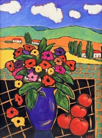 COLORFUL STILL LIFE WITH A VASE OF FLOWERS Contemporary Oil on canvas, 24" x 18". Framed 30" x 24".