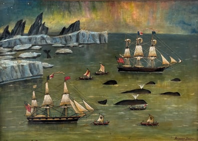 FOLKSY PAINTING DEPICTING A WHALING SCENE 20th Century Oil on board, 16" x 23". Framed 19" x 26".