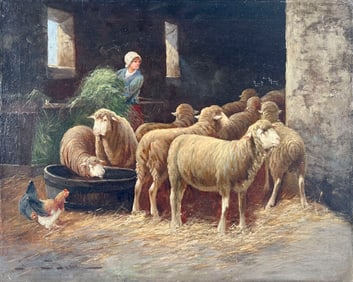 AMERICAN SCHOOL (19th Century,), Barnyard scene with sheep., Oil on canvas, 12" x 16". Unframed.