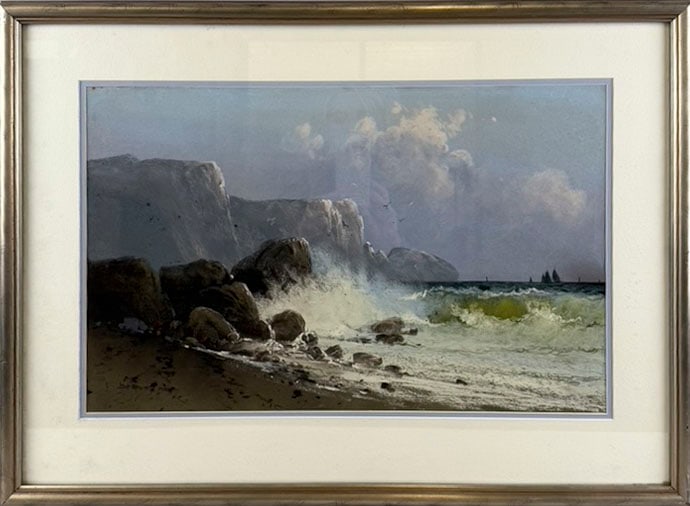 CLARENCE E. BRALEY (Massachusetts, 1854-1927), Rocky coastal scene., Pastel, 13.5" x 22" sight. (1 of 2)