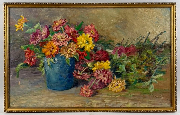 AMERICAN SCHOOL (20th Century,), Floral still life., Oil on board, 16" x 26". Framed 17" x 27".: AMERICAN SCHOOL 20th Century Floral still life. Unsigned. Oil on board, 16" x 26". Framed 17" x 27".