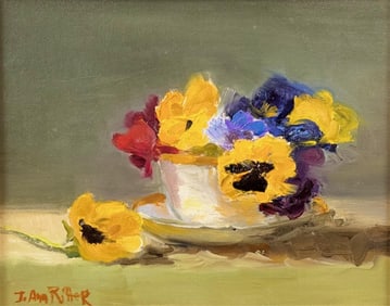 JO ANN RITTER (Massachusetts, 20th/21st Century), "Pansies"., Oil on board, 8" x 10". Framed 14" x