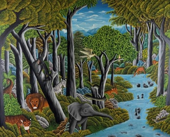 PRIMITIVE PAINTING OF AFRICAN ANIMALS Late 20th Century Oil on canvas, 40" x 50". Framed 42" x 53".