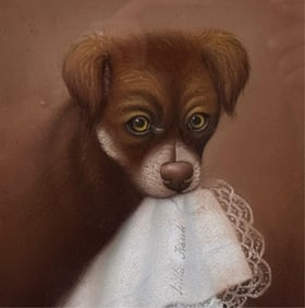 PORTRAIT OF DOG "LITTLE FRANK" 19th Century Pastel on paper, 7.5" x 7.75" sight. Framed 15.5" x