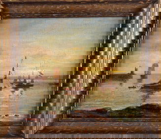 AMERICAN SCHOOL (19th Century,), Shore scene with lighthouse and several vessels., Oil on canvas