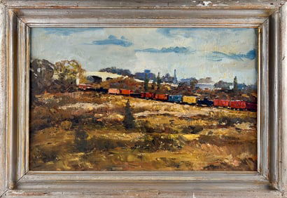 JOSHUA TOLFORD (Massachusetts/Wisconsin, 1910-1985), "The Freight Train"., Oil on board, 15" x 24".