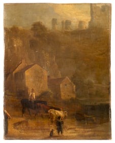 ENGLISH OR CONTINENTAL SCHOOL (19th Century,), Figures and cows along the shoreline., Oil on canvas