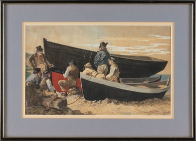 ENGLISH SCHOOL (19th Century,), Mariners and dories on the coast., Mixed media on paper, 8" x 13"