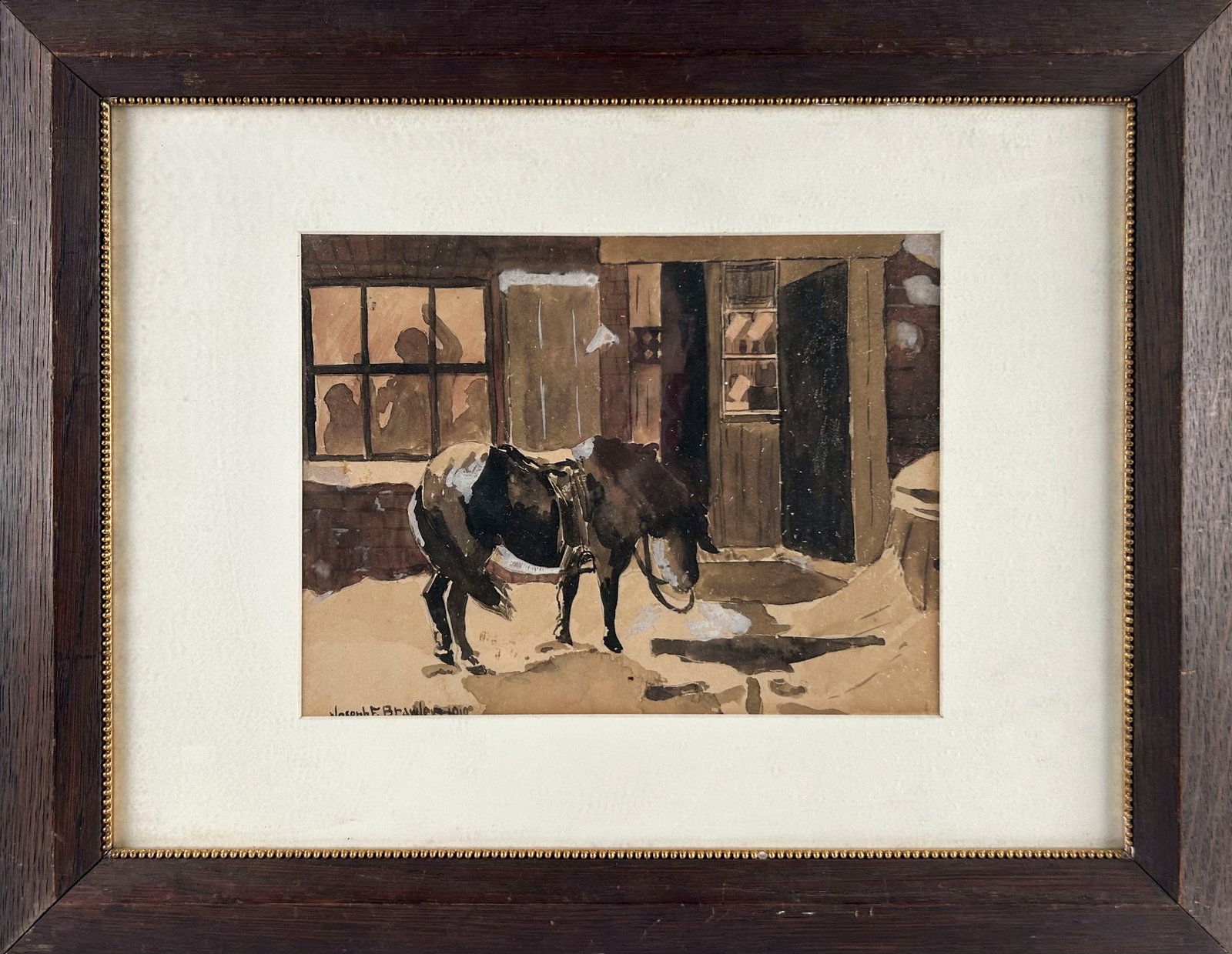 AMERICAN SCHOOL (Early 20th Century,), A mule tied up outside a saloon., Watercolor and gouache, 9": AMERICAN SCHOOL Early 20th Century A mule tied up outside a saloon. Signed lower left "Joseph F. Browley". Watercolor and gouache, 9" x 12" sight. Framed 18" x 23". Provenance: The Estate of Jim Lyons