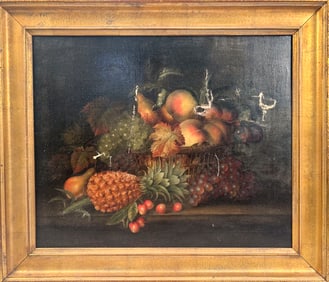 AMERICAN SCHOOL (19th Century,), Still life of a pineapple and other fruit., Oil on canvas, 20" x
