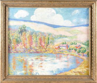 MINNIE HARMS NEEBE (Illinois, 1873-1936), Spring landscape., Oil on canvas, 22" x 26". Framed 27" x