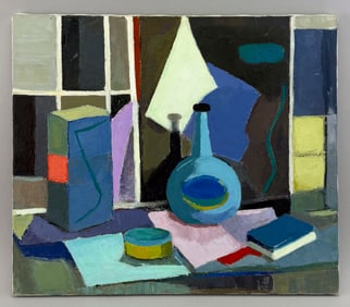 M. ZENA LESSER (Massachusetts, 1926-2022), Still life of books and a blue bottle., Oil on canvas,