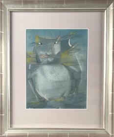 FRANCIS FIELD (America, Mid-20th Century), Cat under a crescent moon., Pastel on paper, 13.5" x