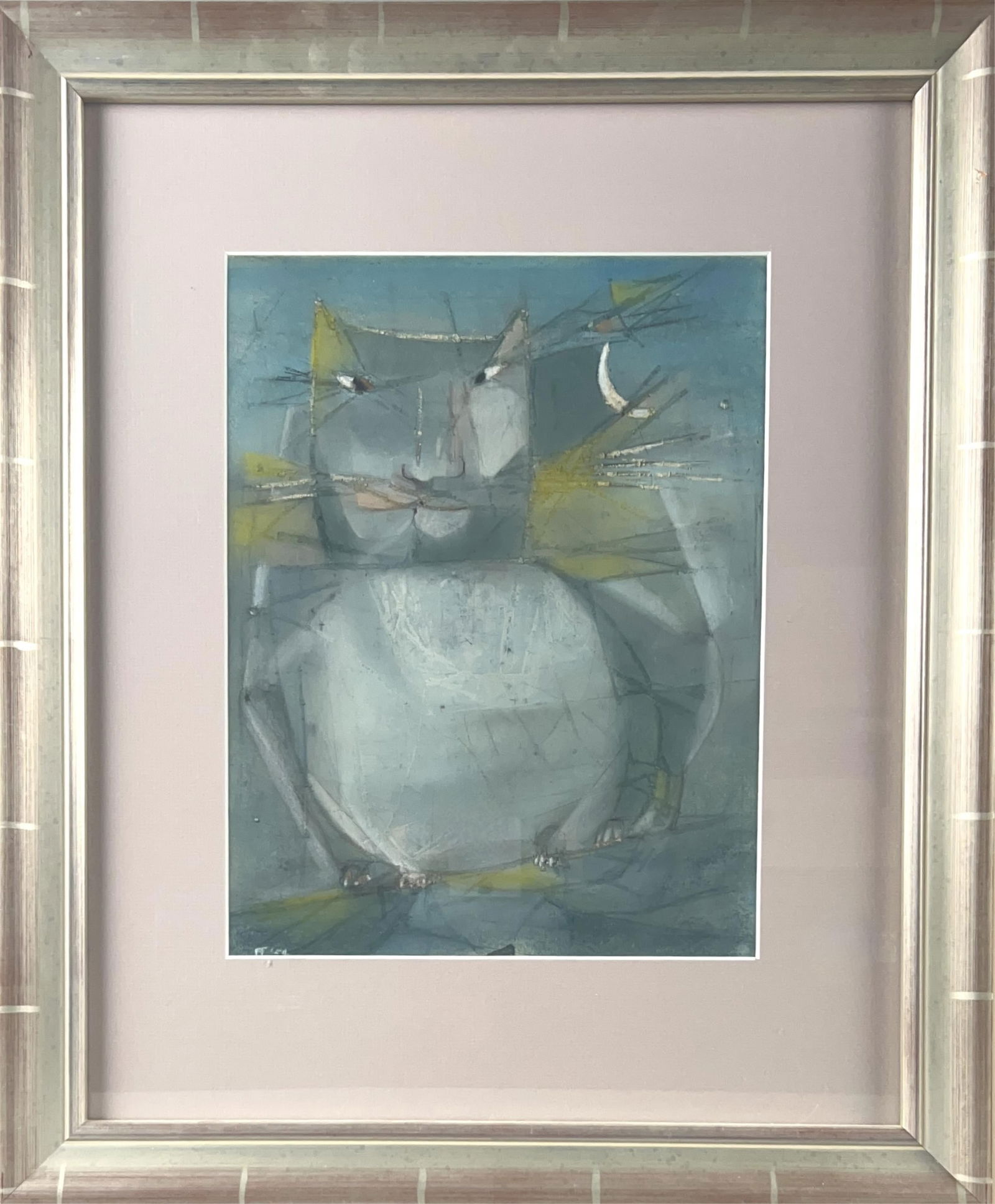 FRANCIS FIELD (America, Mid-20th Century), Cat under a crescent moon., Pastel on paper, 13.5" x (1 of 2)