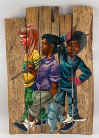 AMERICAN SCHOOL (Late 20th Century,), Three children, one with a fishing pole and her catch., Oil on