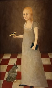AMERICAN PRIMITIVE STYLE (20th Century,), Portrait of a girl with a cat., Oil on canvas, 24" x