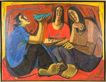 ANGEL CHAVEZ (Peru, 1929-1995), Three women with a bird., Oil on canvas, 27" x 35". Framed 28" x