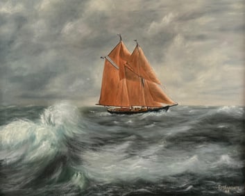 AMERICAN SCHOOL (Mid-20th Century,), Two-masted yacht at sea., Oil on canvas, 24" x 30". Framed 26"