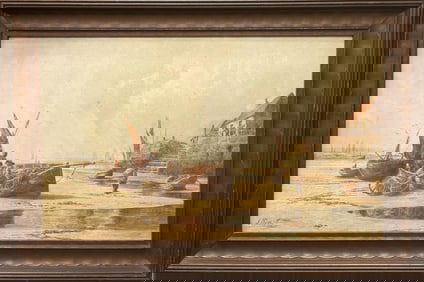 ENGLISH SCHOOL (19th Century,), "The Fishermen"., Watercolor on paper, 11.5" x 19.5" sight. Framed