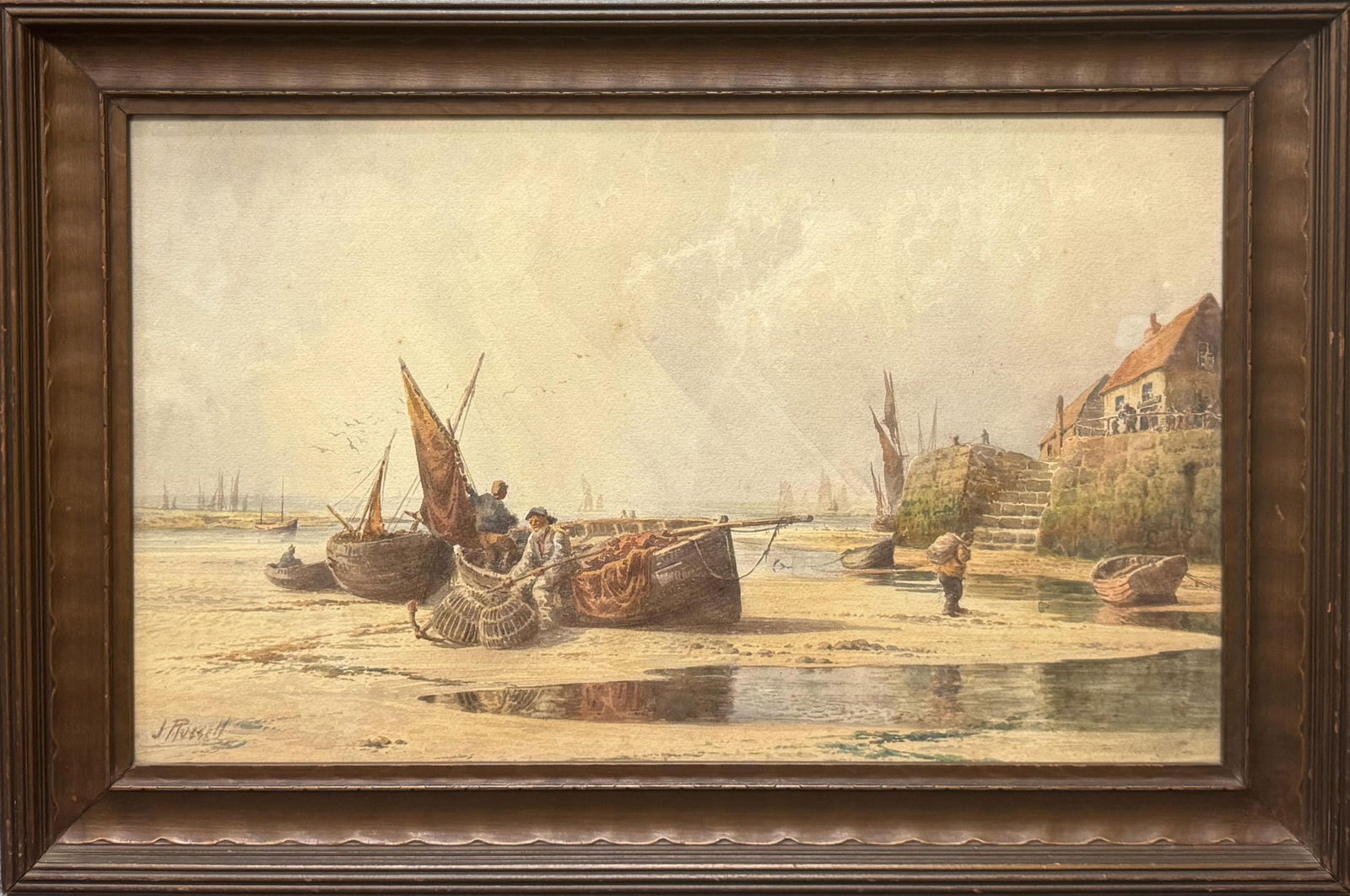 ENGLISH SCHOOL (19th Century,), "The Fishermen"., Watercolor on paper, 11.5" x 19.5" sight. Framed (1 of 7)