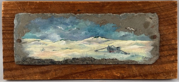 AMERICAN SCHOOL (20th Century,), A dory nestled in the dunes., Oll on slate, 3.5" x 10". Framed