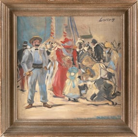 AMERICAN SCHOOL (20th Century,), Circus scene., Oil on canvas, 20" x 20". Framed 25.5" x 25.5".