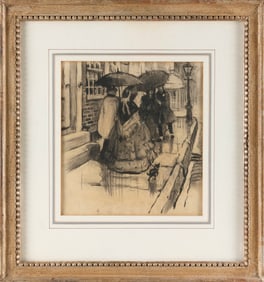 ROBERT HENRY LOGAN (Massachusetts, 1875-1942), "French Street Scene with Two Couples"., Charcoal on