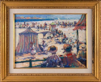 DONALD ROY PURDY (Connecticut, 1924-2016), A day at the beach., Oil on board, 18" x 24". Framed 27"