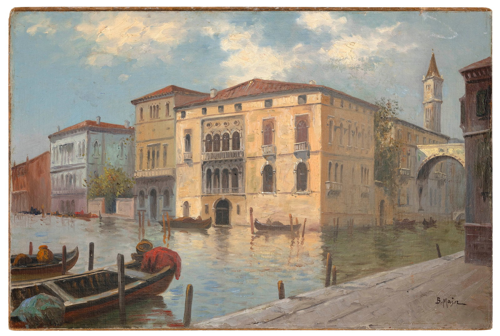 BORIS B. MAJOR (Russian Federation/America, 1876-1951), Venetian canal scene., Oil on canvas laid: BORIS B. MAJOR Russian Federation/America, 1876-1951 Venetian canal scene. Signed lower right "B. Major". Oil on canvas laid down on board, 16" x 24". Unframed.