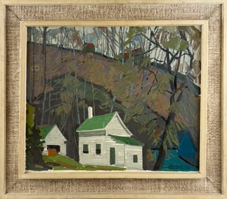 JACQUE CLEMENTS (New York, 1925-2019), Wooded landscape with white house., Acrylic on M. Grumbacher